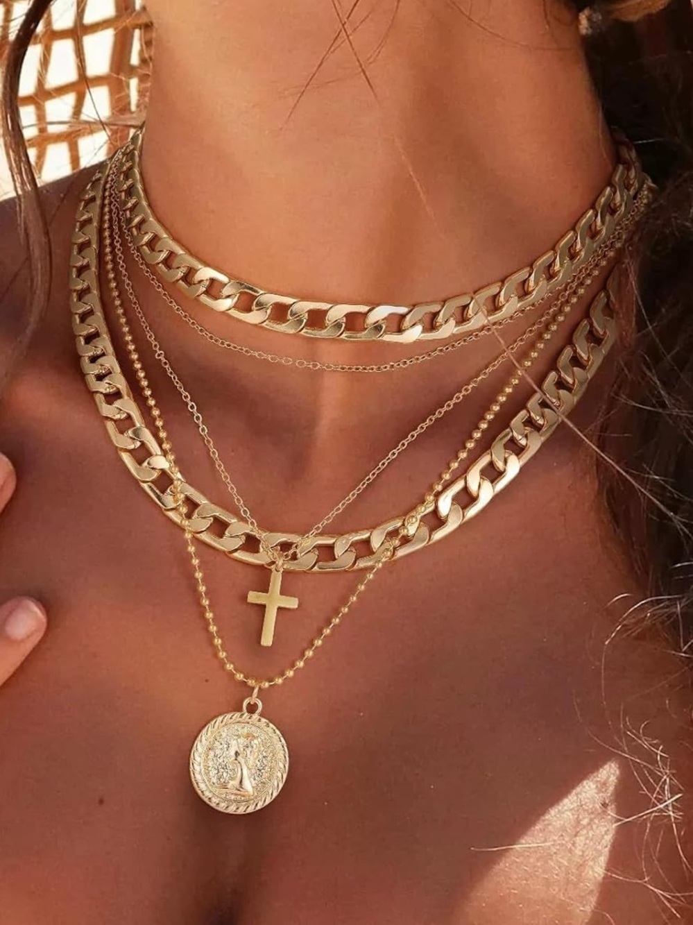 Anthropologie Multi-Layered Gold Cross and Coin Necklace